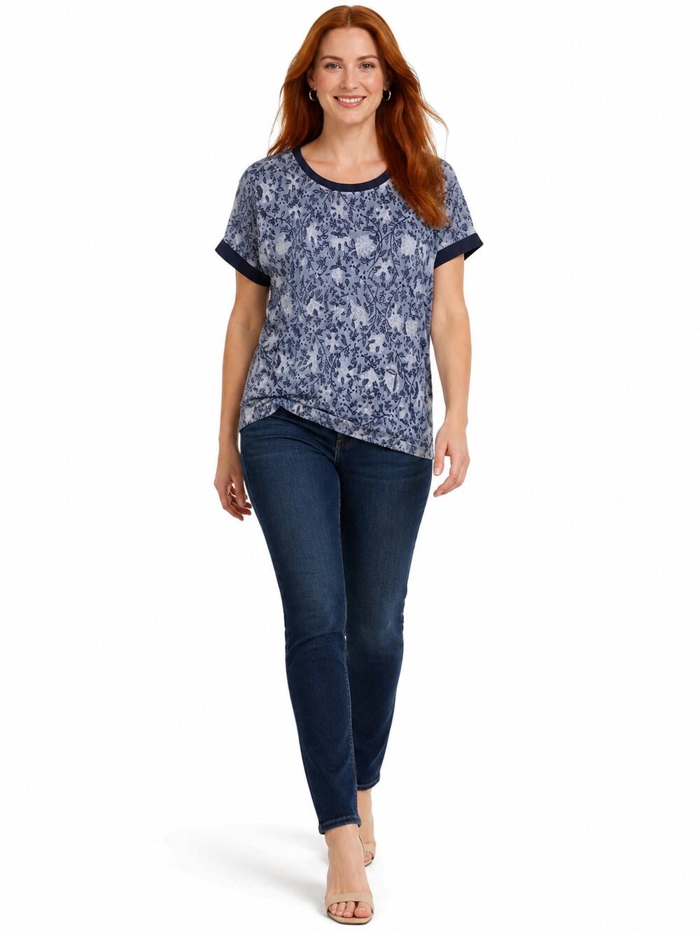 LR4104 Lucky Brand Blue Floral Print Short Sleeve Knit Top Womens Large Casual